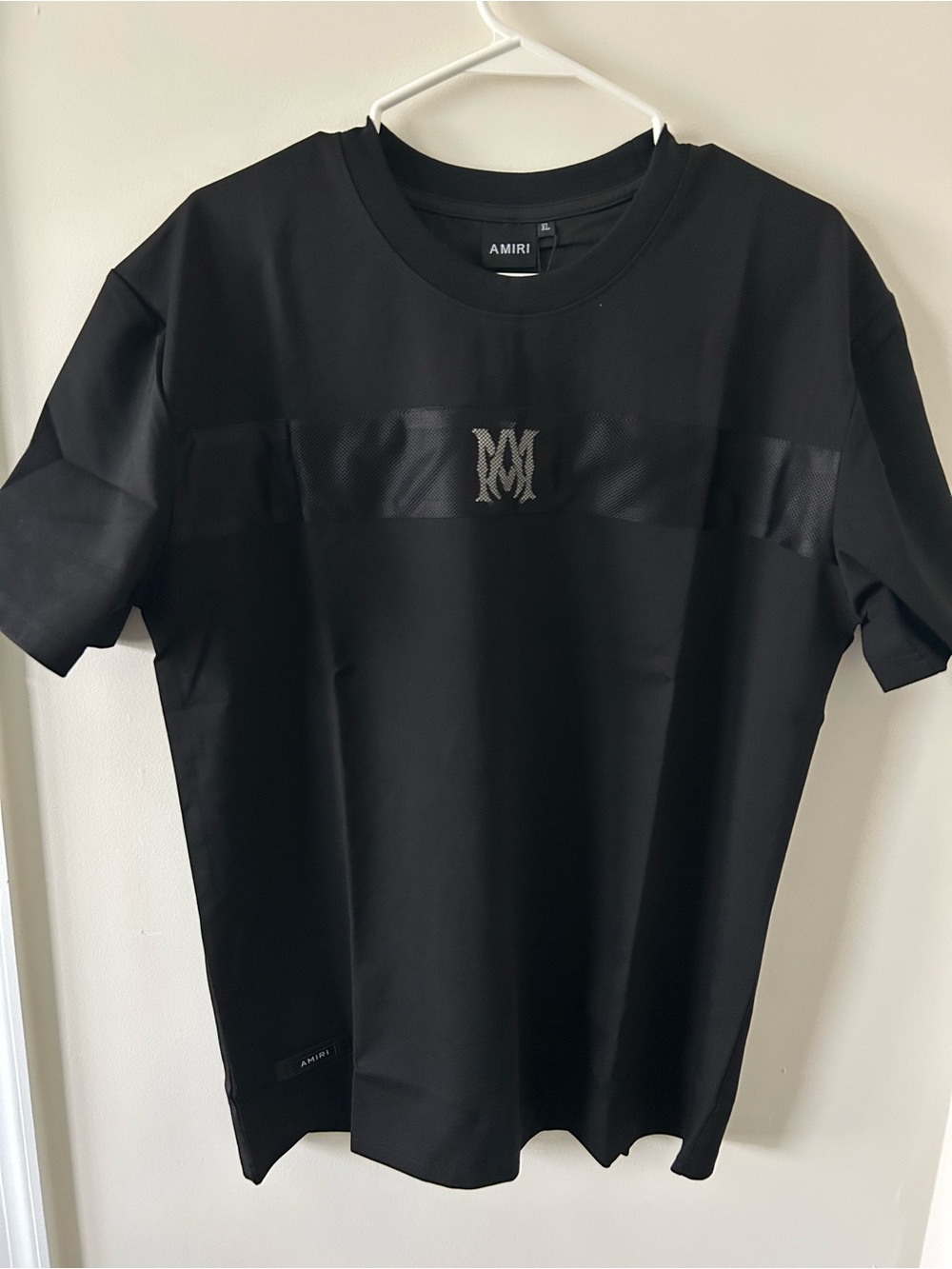 AMIRI Black Mesh-Stripe Crewneck T-Shirt with Monogram